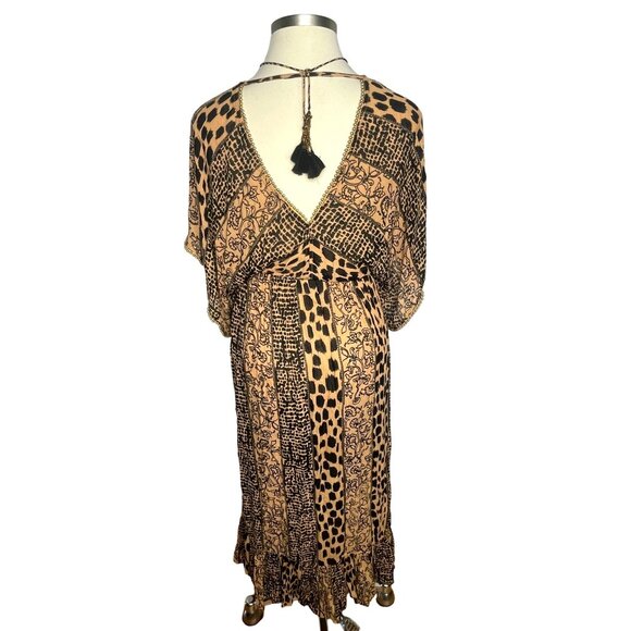 Anthropologie L Animal Print Kaftan Maxi Dress Flowy Coverup Elastic Waist Brown - Picture 6 of 9